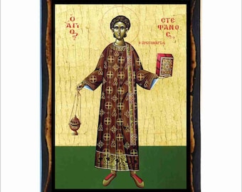 Saint Stephen Icon -  Byzantine Art - Holy Card on Handmade Wood Plaque
