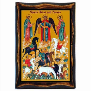 Può includere: Un'icona incorniciata che raffigura i santi Florus e Laurus, con un angelo sopra di loro e una scena di cavalli e cavalieri sotto. L'icona è dipinta in uno stile tradizionale con colori vivaci e accenti dorati.