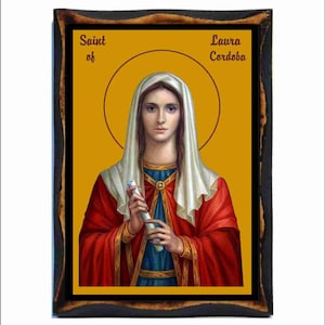 Saint Laura of Cordoba - Byzantine Art - Catholic Holy Card on Handmade Wood Plaque