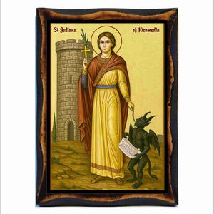 Juliana of Nicomedia Icon - Byzantine Art - Orthodox Catholic Holy Card on Handmade Wood Plaque