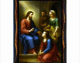 Gesù a casa di Marta e Maria - Immagine sacra cattolica su targa di legno fatta a mano
