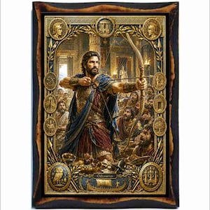Può includere: Una targa da parete rettangolare con un'illustrazione centrale di un uomo barbuto in armatura antica che tende un arco. La scena è incorniciata da un bordo dorato con medaglioni circolari e il testo Odysseus, su una cornice in legno scuro.