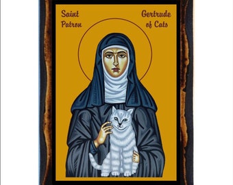 Saint Gertrude of Nivelles - Sainte Gertrude - Santa Gertrude - Handmade wood, Holy card on plaque