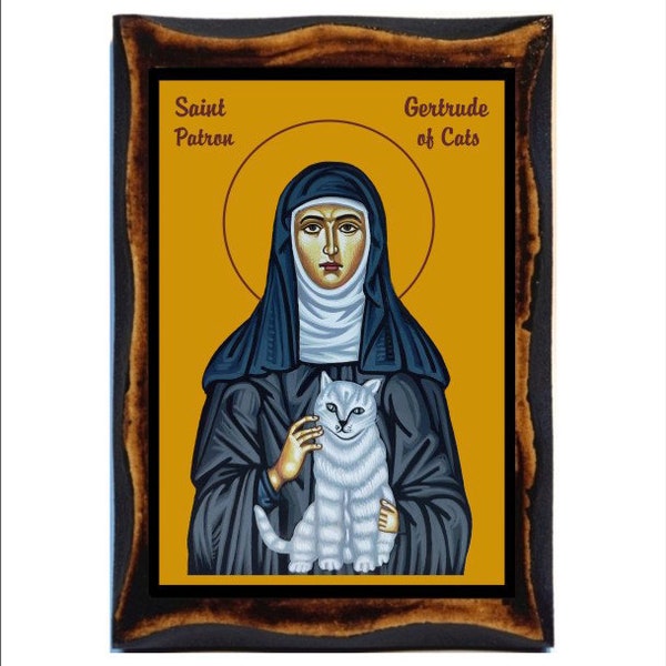 Saint Gertrude of Nivelles - Sainte Gertrude - Santa Gertrude - Handmade wood, Holy card on plaque