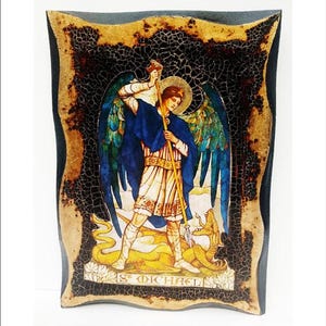 Handgefertigte Michael der Erzengel Holz Ikone mit 24K Goldenem Blatt