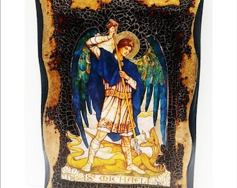 Michael the Archangel - Archange Michel - Miguel Arcanjo - Arcangelo Michele Handmade Wood Icon on plaque physical aging and Golden Leaf 24K