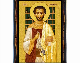 Icono de San Lorenzo - Arte bizantino - Estampa católica en placa de madera hecha a mano