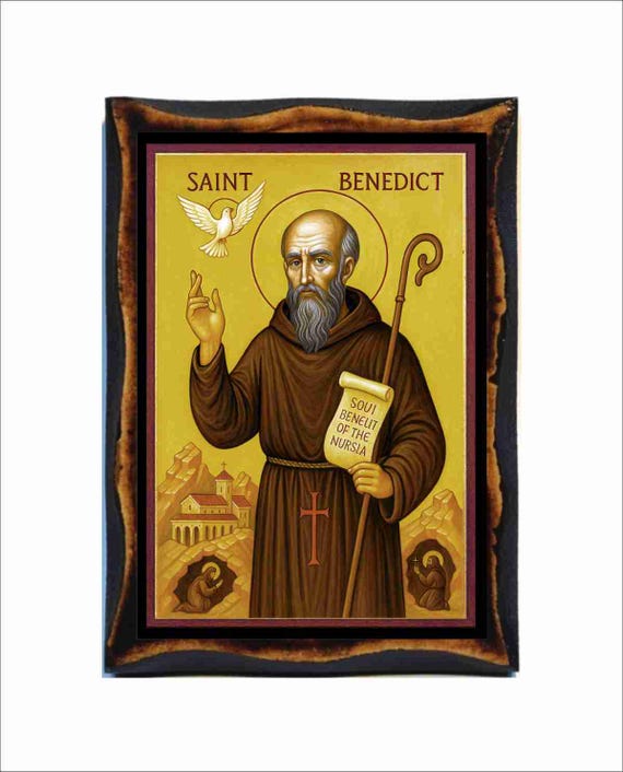 Saint Benedict Icon - Byzantine Art - Orthodox Catholic Holy Card on Handmade Wood Plaque