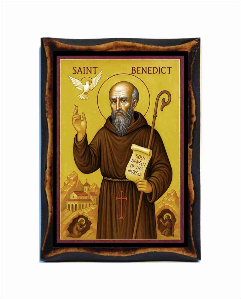 Icono de San Benito - Arte bizantino - Estampa católica ortodoxa en placa de madera hecha a mano imagen 1