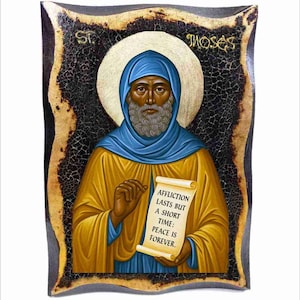 Icono de madera hecho a mano de San Moisés Negro con hoja de oro de 24 quilates imagen 1