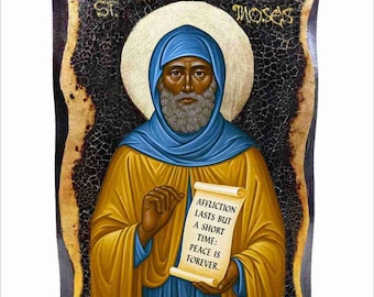 Saint Moses the Black Handmade Wood Icon with Golden Leaf 24K
