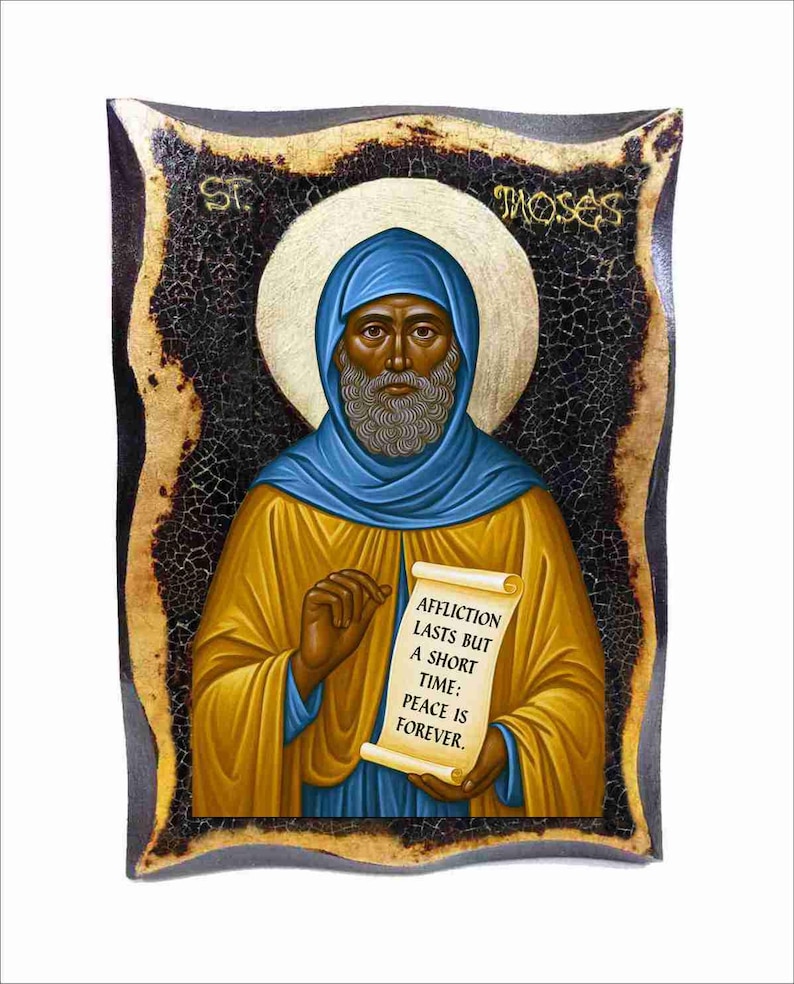 Icono de madera hecho a mano de San Moisés Negro con hoja de oro de 24 quilates imagen 1