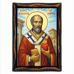 Saint Augustine of Hippo - Byzantine Art - Orthodox Catholic Holy Card on Handmade Wood Plaque