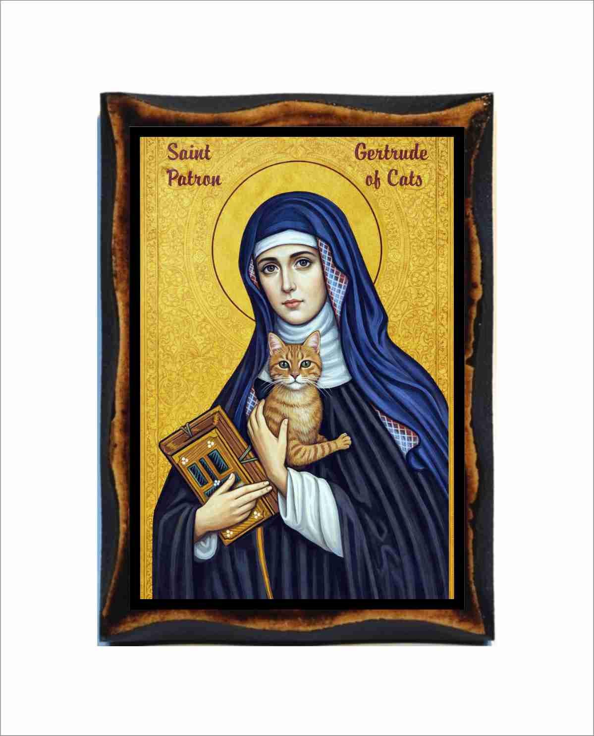 Saint Gertrude of Nivelles - Catholic Holy Card on Handmade Wood
