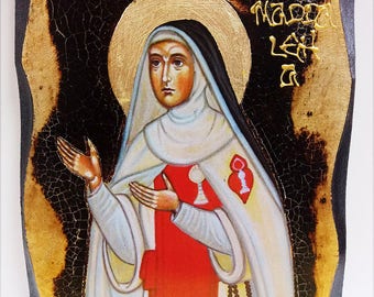 Saint Maria Maddalena hecho a mano icono de madera en placa con envejecimiento físico y hoja de oro 24K