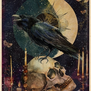 raven skull poster – Poe Nevermore The Raven -  gothic occult art print - pagan wicca winter moon - neo classical illustration