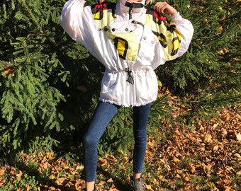 Giacca da sci colorata vintage Giacca da neve fantasia Hipster Winter Activewear Giacca sportiva Giacca da sci di taglia medio-grande Giacca da sci lunga
