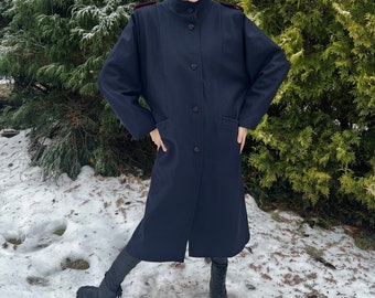 Vintage Dark Blue Wool Romantic Midi Coat Women's Large Size Coat Business Lady Autumn Winter Coat Comfortable Jacket Coat Grandma Coat
