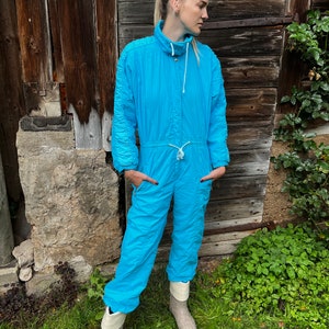 80er 90er Skianzug Vintage Damen Ski Anzug Himmelblau Einteiler Winter Jumpsuit Retro Schneeanzug Hipster All in One Suit Größe Medium