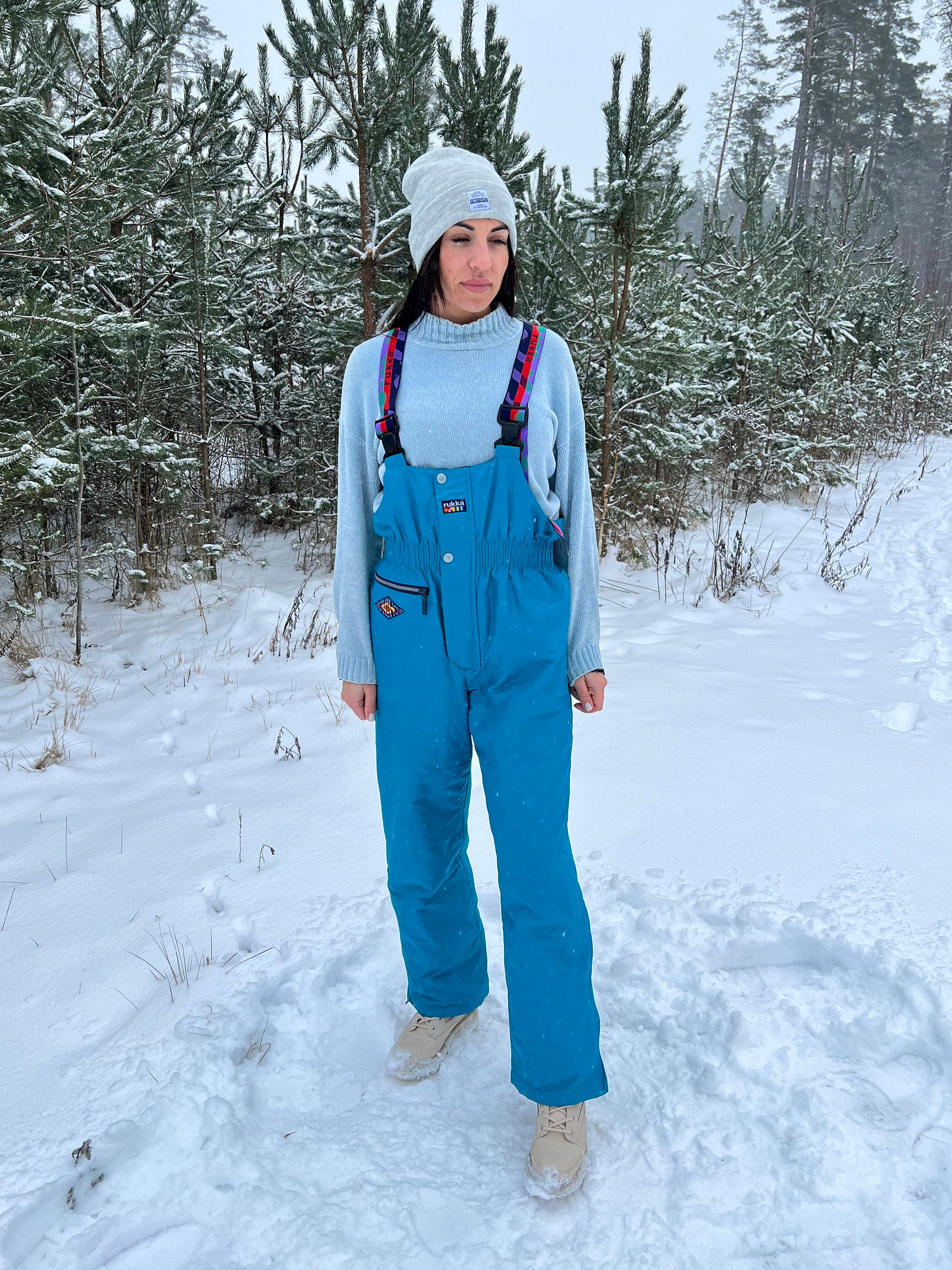 Vintage Blue Skiing Jumsuit Womens Winter Overalls Hipster Cross