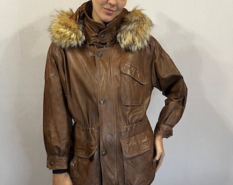 Vintage Women's Leather Parka Coat Brown Leather Coat With Fur Hooded Leather Long Jacket Genuine Leather Jacket Size Medium to Large