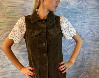 Vintage Khaki Velvet Vest Womens Elegant Velvet Vest Metal Button Dark Velvet Vest Size Medium Classic Velvet Vest Velvet Waistcoat