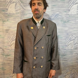 Classic Austrian Leinen Wool Mens Jacket Alpen Tracht German Jacket Gray Traditional Folk Blazer Bavarian Oktoberfest Jacket Size Large