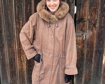 Vintage Women's Leather Parka Coat Brown Leather Coat With Fur Hood Leather Long Jacket with Push Button Genuine Leather Jacket Size M/L