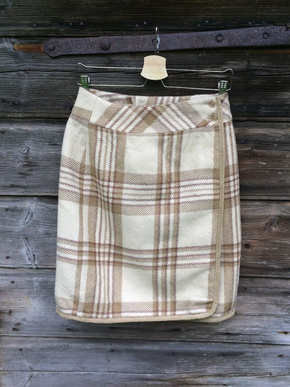 Wool Plaid Wrap Skirt Mini Pencil Skirt Checkered… - image 1