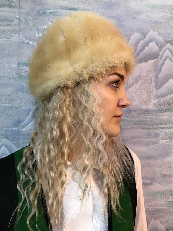 Vintage Cream Fur Cossack Russian Style Hat Winter Pillbox Fluffy Blonde Beige Luxalzxs Faux Fur Hats for Women Siberian Cossack Hat  main image 4