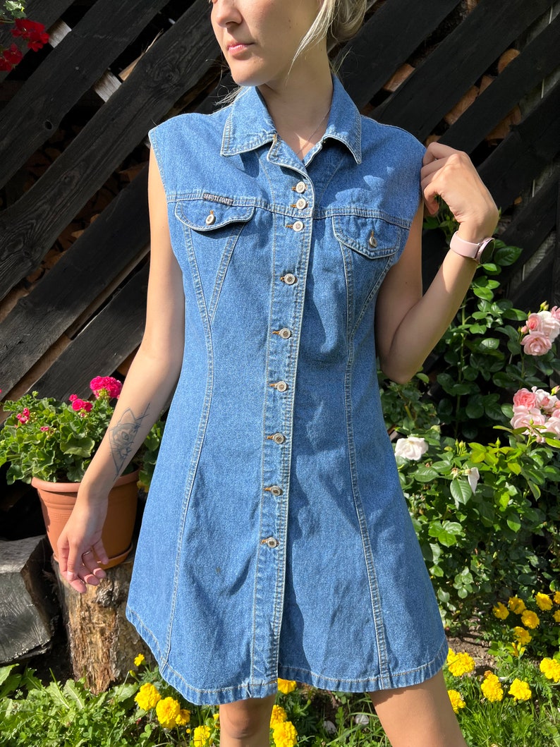 Blue Denim Dress Buttons up Dress Sleeveless Shirt Dress Jean Dress Denim A line Midi Denim Dress Medium Size / 32X44 image 4