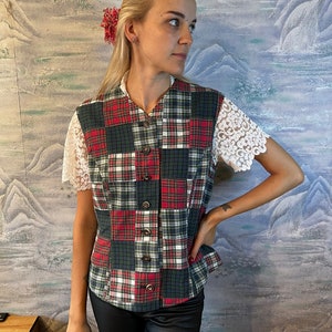 Cotton Austrian Plaid Womens Vest Dark Red Green Checkered Sleeveless Vest Home Waistcoat Winter Camping Vest Size Medium to Large