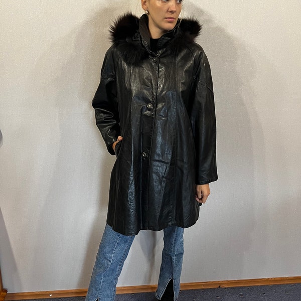 Vintage Parka en cuir pour femme Manteau en cuir noir avec capuche Veste longue en cuir Veste en cuir véritable Taille moyenne à très grande