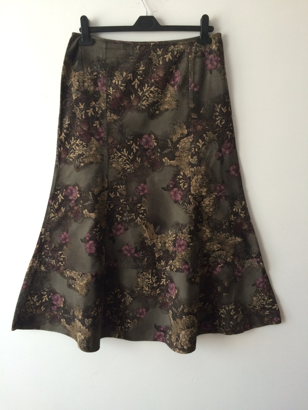 Floral Dark Brown Corduroy Skirt Ruffle Flower Print Hippie - Etsy