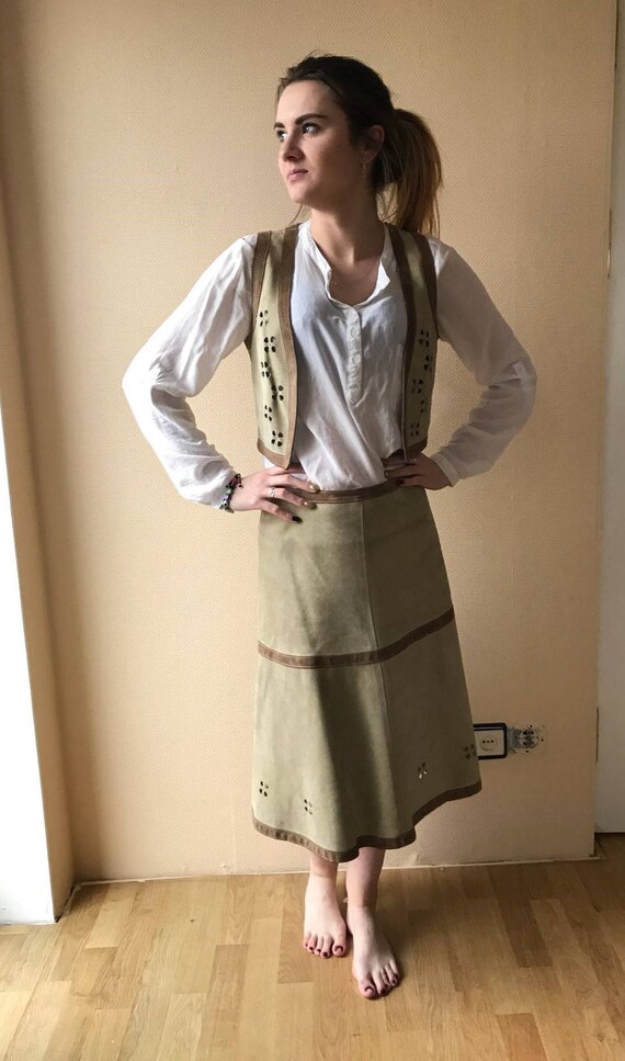 Vintage Brown Suede Leather Skirt and Matching Vest Wester Style Open Vest A Line Skirt Bohemian Leather Skirt and Vest Small to Mediumsize Etsy