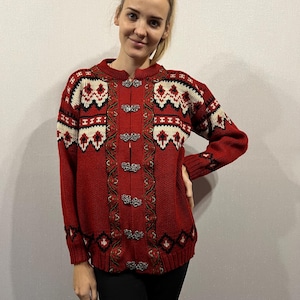 Cárdigan noruego de lana virgen pura color marfil blanco y rojo Chaqueta de lana vintage Cárdigan cálido Cárdigan escandinavo Talla mediana a grande