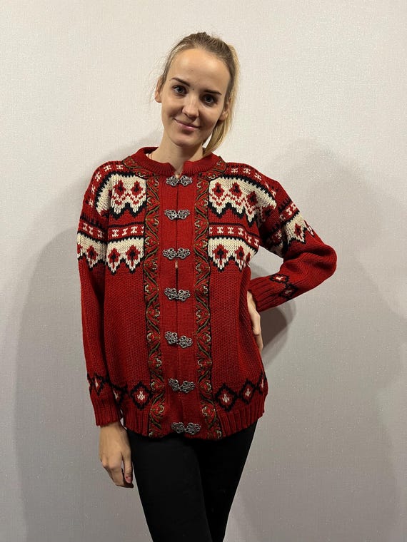 Cardigan norvegese Avorio Bianco Rosso Cardigan in pura lana