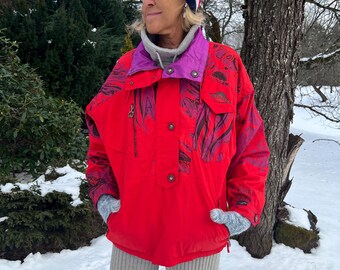 Reversible Colourful Windbreaker Two in One Purple and Red Patterned Sport Hipster Bilateral Jacket Medium Size