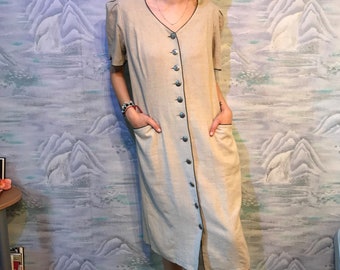 Vintage Midi Linen Dirndl Dress Gray German Austrian Dress Bavarian Folk National Tyrolean Oktoberfest Extra Large Size Natural Linen Dress