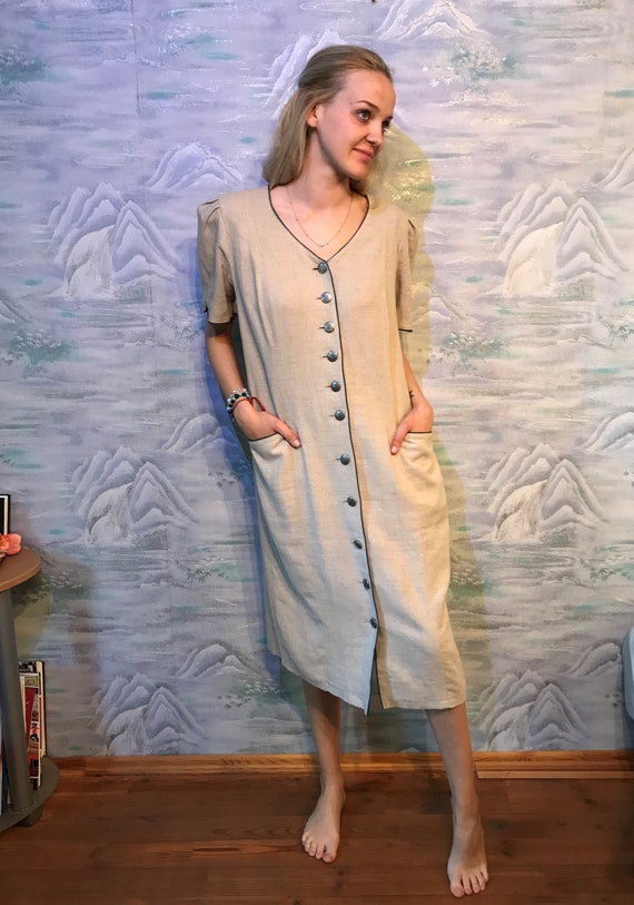 Vintage Midi Linen Dirndl Dress Gray German Austr… - image 1