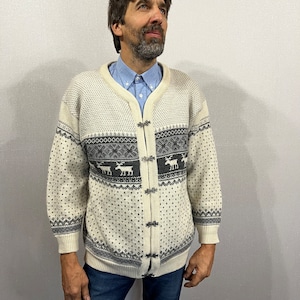 Vintage Unisex cardigan Beige Pure Wool Cardigan Norway Sweater Scandinavian Light Cardigan Norwegian Jacket Large To Extra Large Size