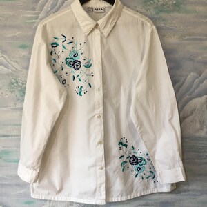 White Embroidered Blouse Long Sleeve Summer Top Women Button Up White Shirt White Cotton Blouse Extra Large Size Blouse