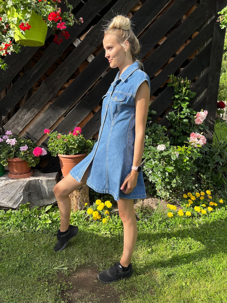 Blue Denim Dress Buttons up Dress Sleeveless Shirt Dress Jean Dress Denim A line Midi Denim Dress Medium Size / 32X44 image 2