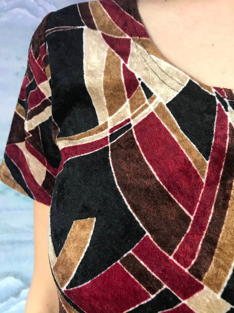 Vintage Women Velvet Top Short Sleeve Blouse Dark Color Abstract Velvet Skirt Medium Size