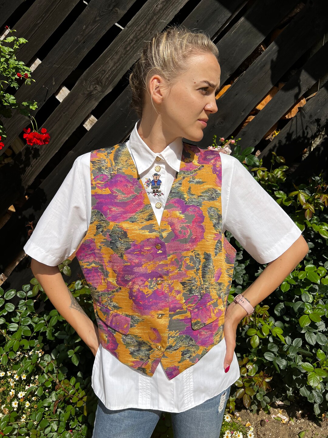 Women Summer Vintage Colorblock V Neck Cotton Vest