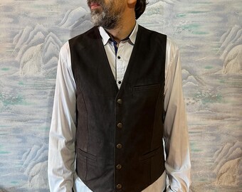 Genuine Leather Vest Brown Leather Vest Gentleman's Medium Size Waistcoat Brown Leather Mens Vest with Plaid Viscose Lining Biker Mens Vest