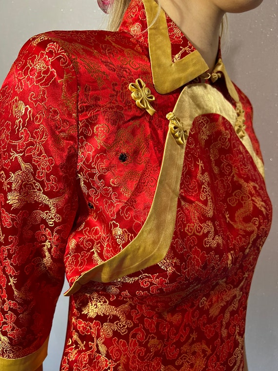 Red Cheongsam blouse Vintage Chinese Red Satin To… - image 8