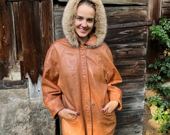 Vintage Women's Soft Genuine Leather Parka Sheepskin Coat Brown Leather Coat With Fur Hood Leather Jacket Genuine Leather Jacket Size Medium