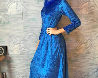 Royal Blue Velvet Body con Dress Long Sleeves Evening Dress, Formal Dress, Bracelet Length Sleeve Dress, Medium Size