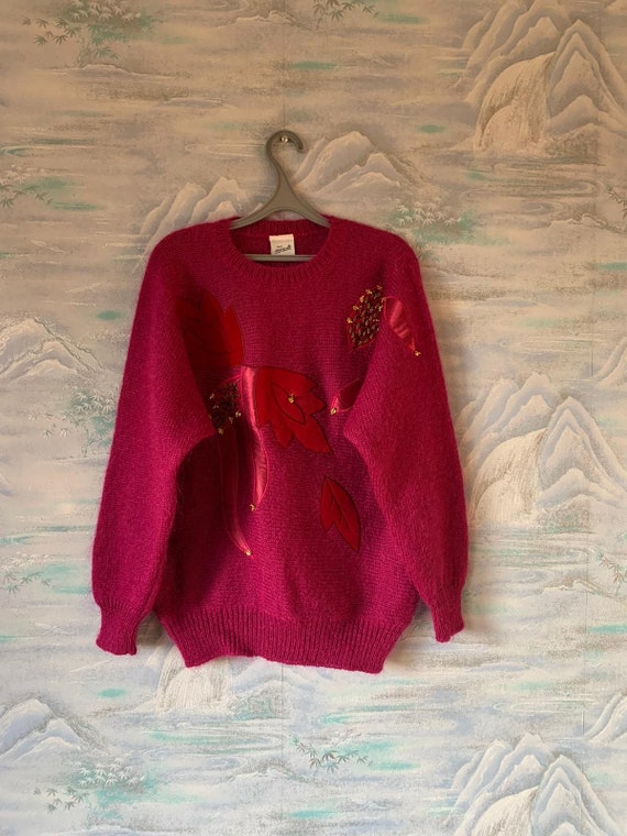 Raspberry Knitted Mohair Sweater 90's Women's Long